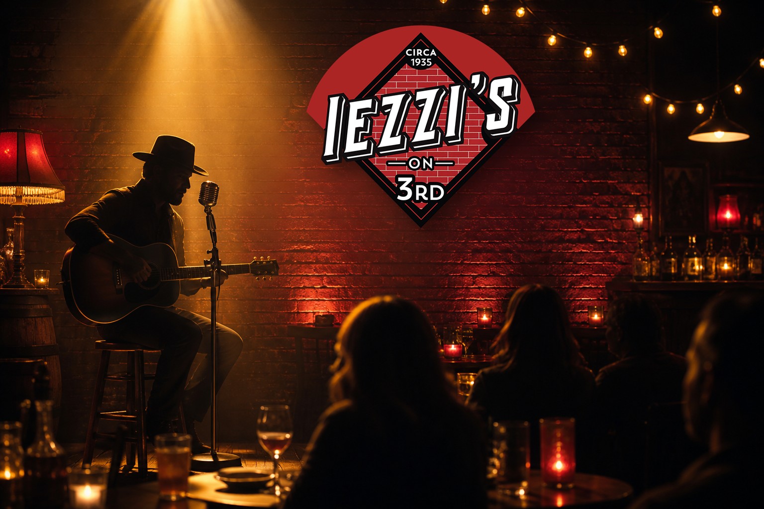 Sunday live music at Iezzi's on Third — acoustic guitarist on stage under the Iezzi's sign